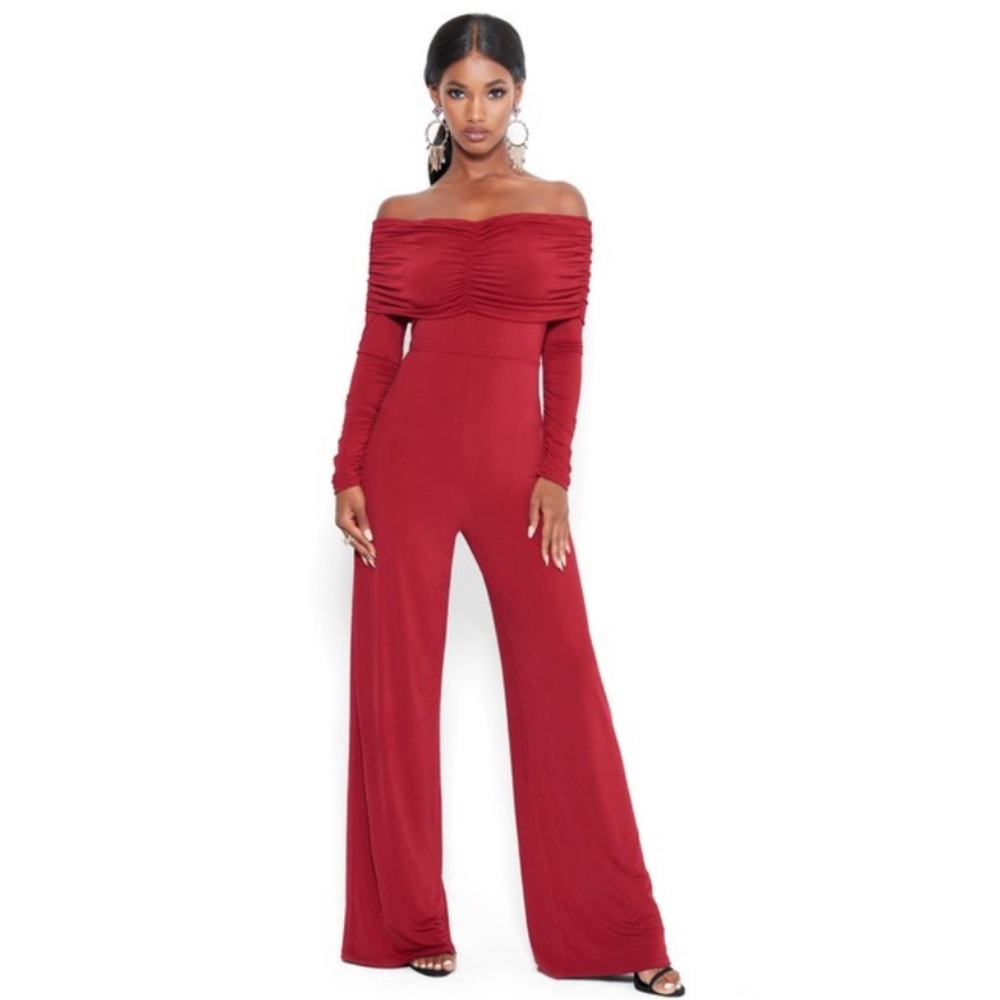 NWT BEBE Red Jersey Slinky Curvy Fit Flare Legs Ruched/Jumpsuit SzM